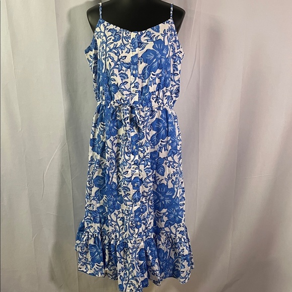 Vineyard Vines Tide Blue Floral Print Sleeveless Ruffle Hem Midi Dress - Picture 2 of 16